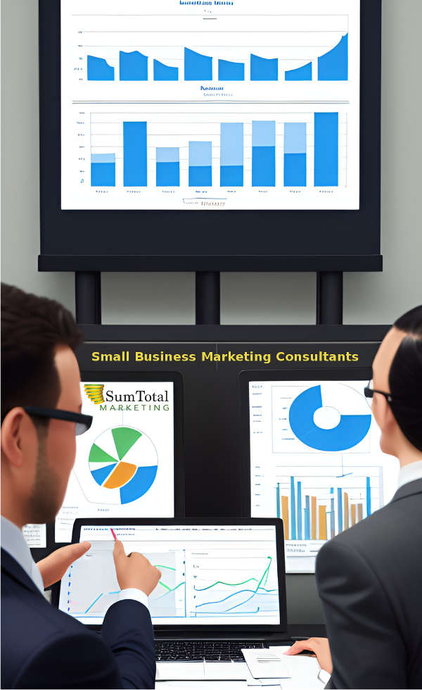 Small business marketing consultant showing client graph of strategic marketing plan results